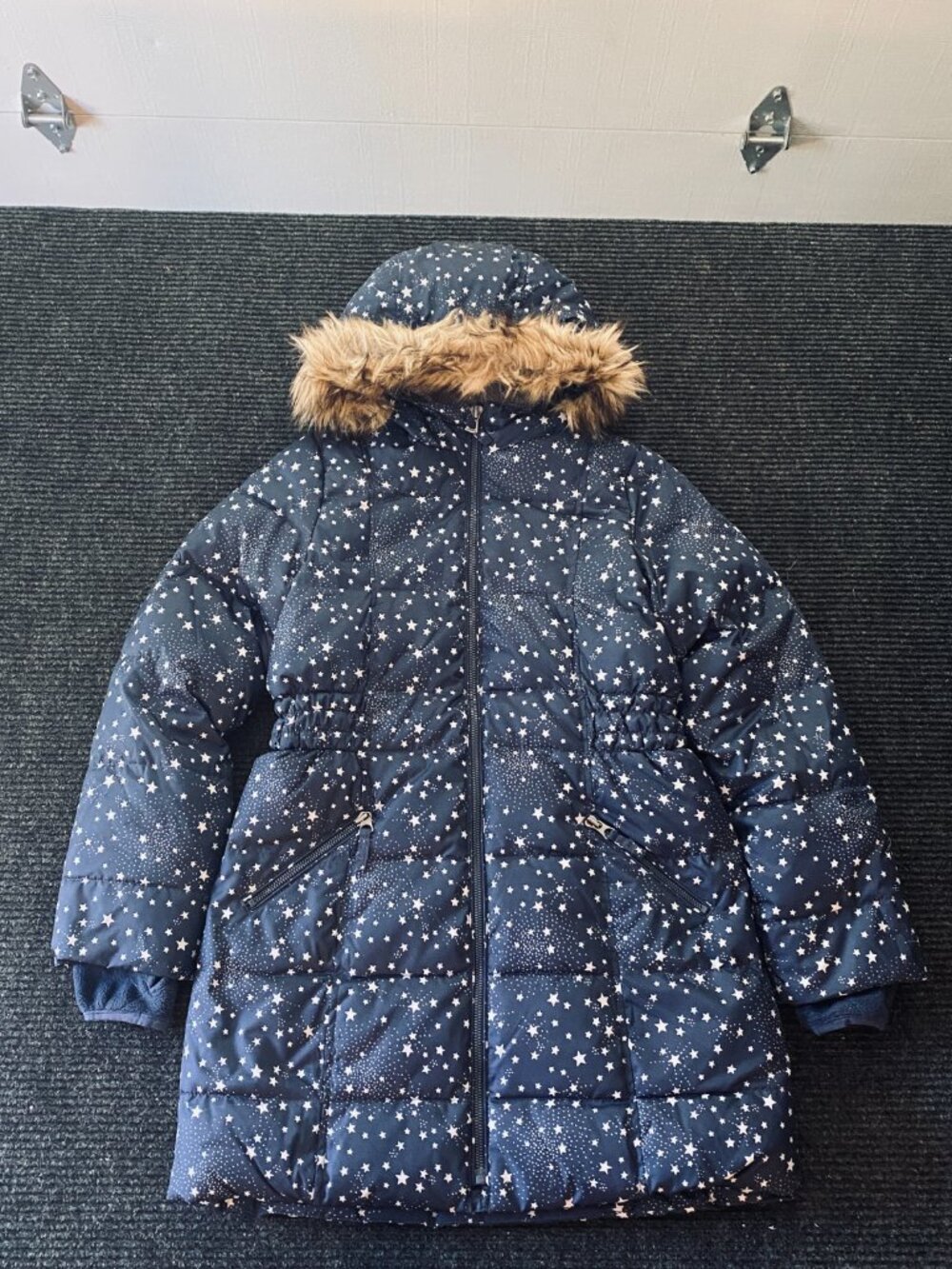 Land’s End girls blue stars long winter coat fur M
